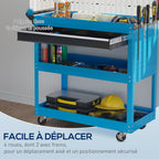 Chariot d'atelier servante atelier à 3 niveaux avec tiroir, porte-outils latéral et poignée, 82x35x76 cm, bleu-3