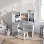 Bureau Enfant avec Chaise, Table d'Étude, Support de Tablette Réglable, Porte-Stylos, Panneau en Liège, 5-12 ans, Gris-9