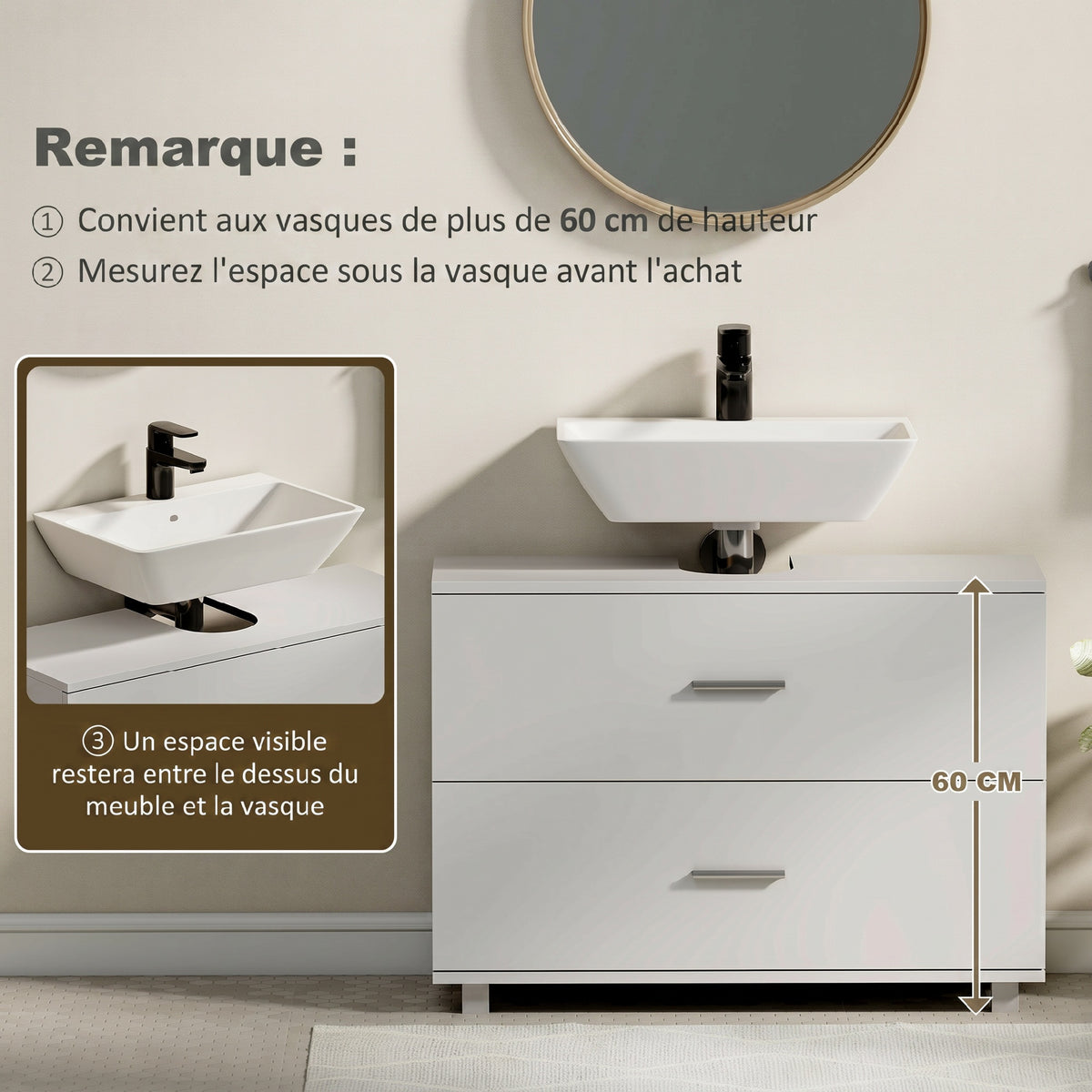 Meuble sous lavabo, meuble de salle de bain avec 2 tiroirs, style moderne, 80 x 30 x 60 cm, blanc-5