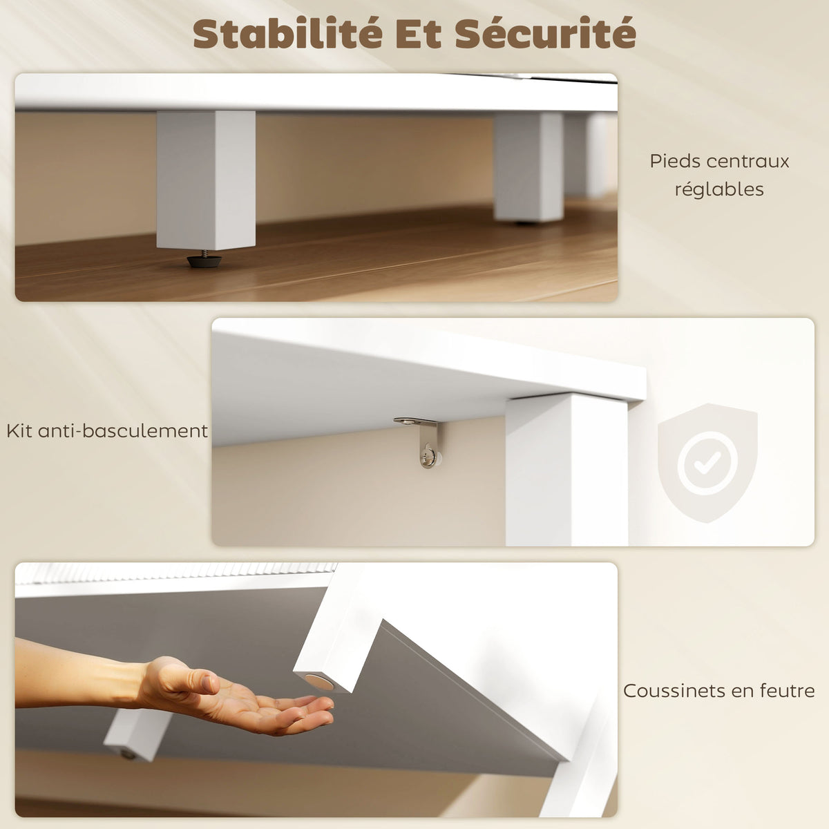Meuble TV 152 cm, meuble télé pour téléviseur 65 pouces avec 3 tiroirs et 3 étagères ouvertes, 152x39,5x50cm, blanc-6