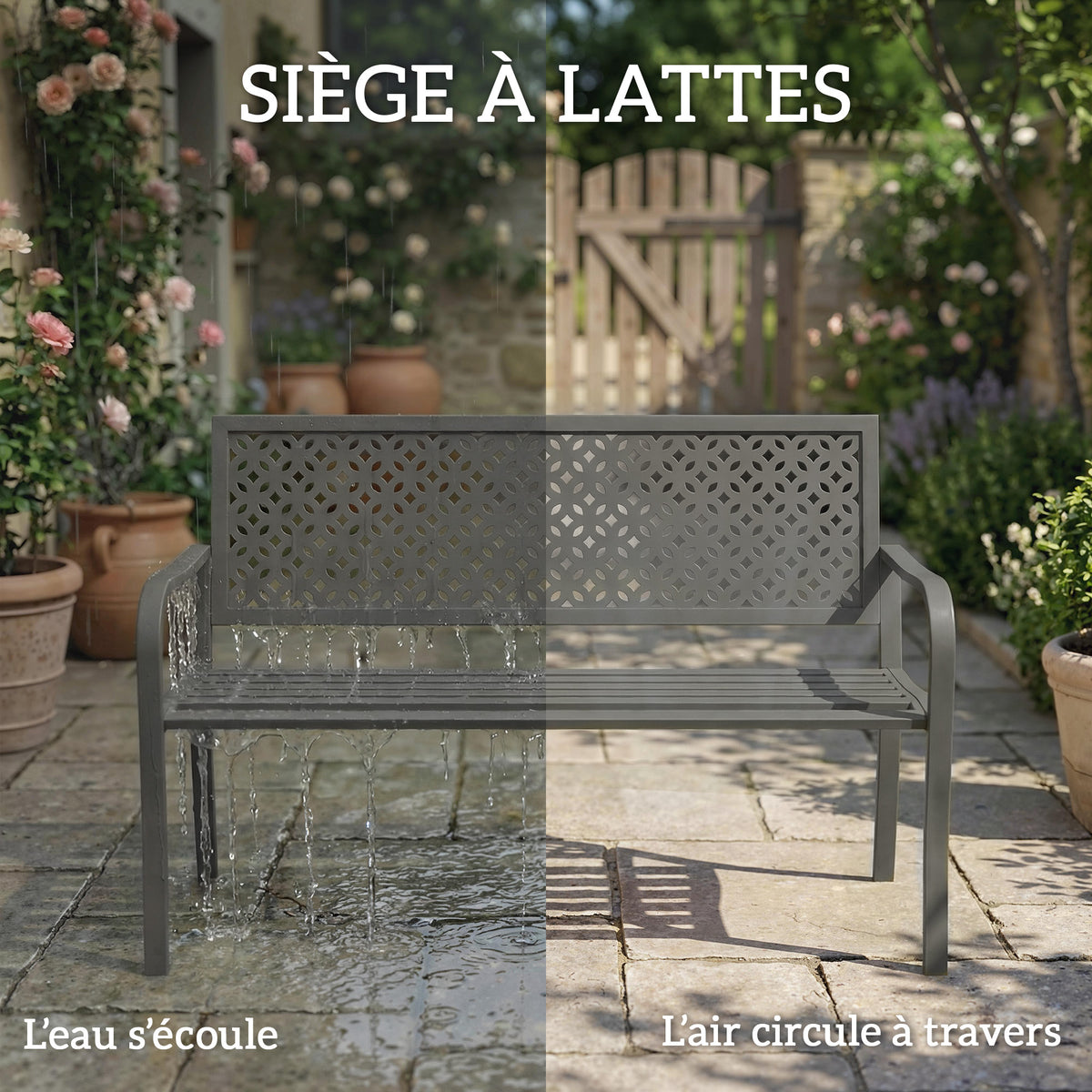 Banc d'extérieur en métal, 2 places, avec dossier géométrique antirouille et accoudoirs, gris foncé-7
