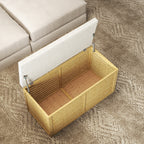 Banc de rangement, coffre de rangement rembourré en tissu aspect lin, couvercle et structure en bambou, gris et naturel-7