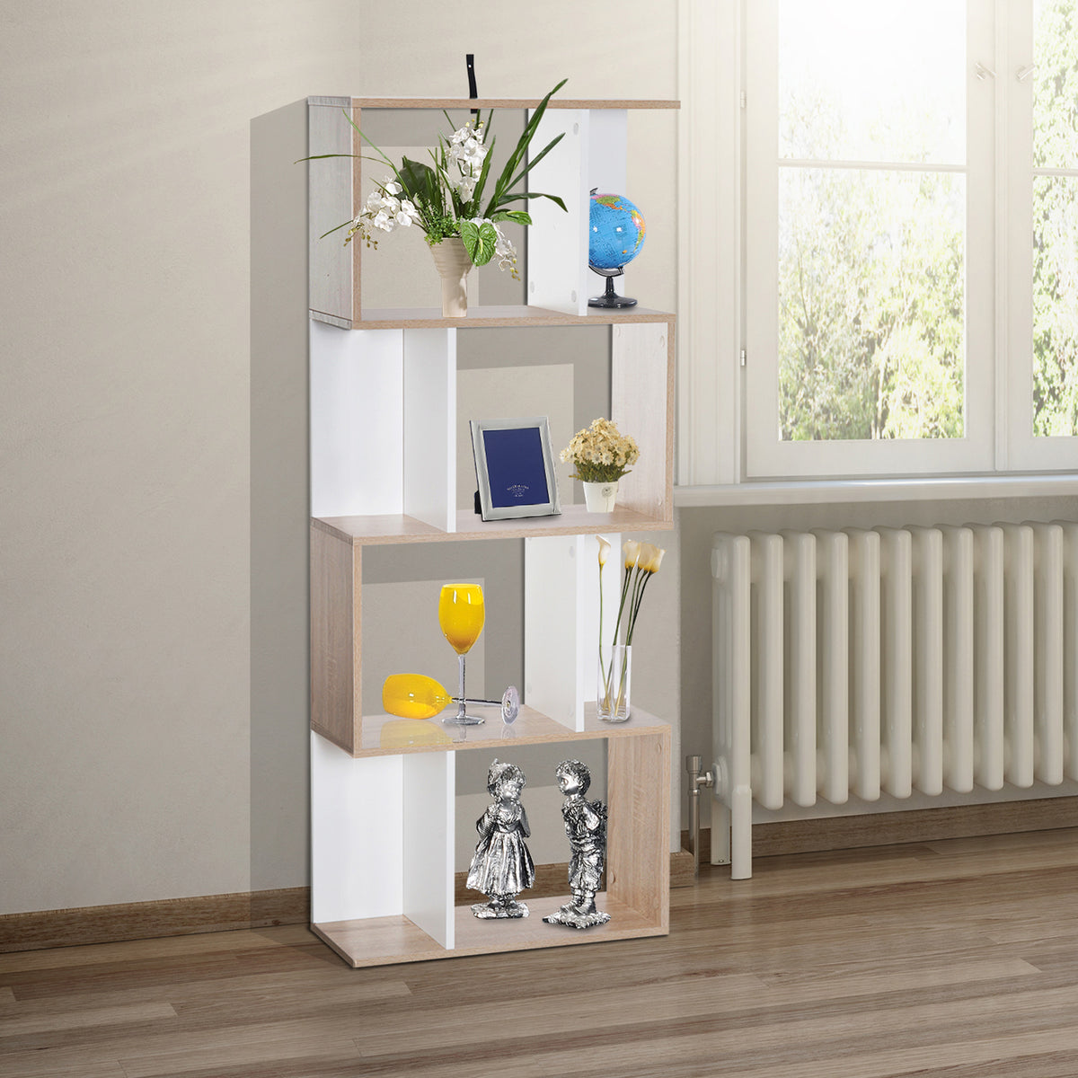 Bibliothèque à 4 niveaux, meuble de rangement en forme de S avec étagères, étagère de rangement pour salon, chambre bureau, 60 x 24 x 148 cm, bois naturel et blanc-5
