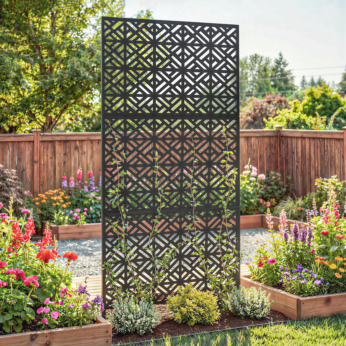 Panneau Brise Vue décoratif Extérieur Claustra Décoratif Jardin 3 Panneaux à motif géométrique métal 92x40x192cm Noir-1
