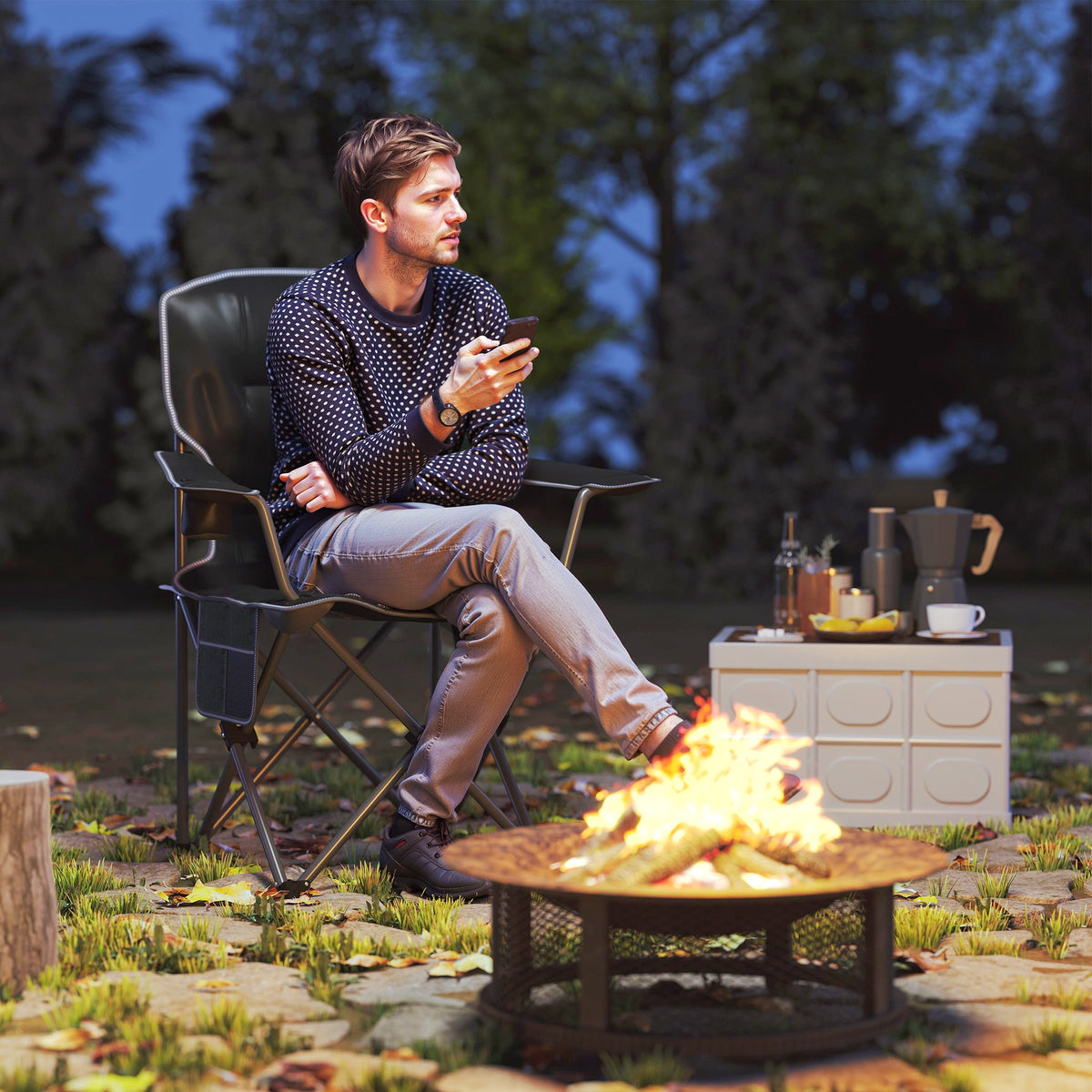 Chaise de camping pliante et portable avec porte-gobelets, poches latérales et sac de transport, noir-1