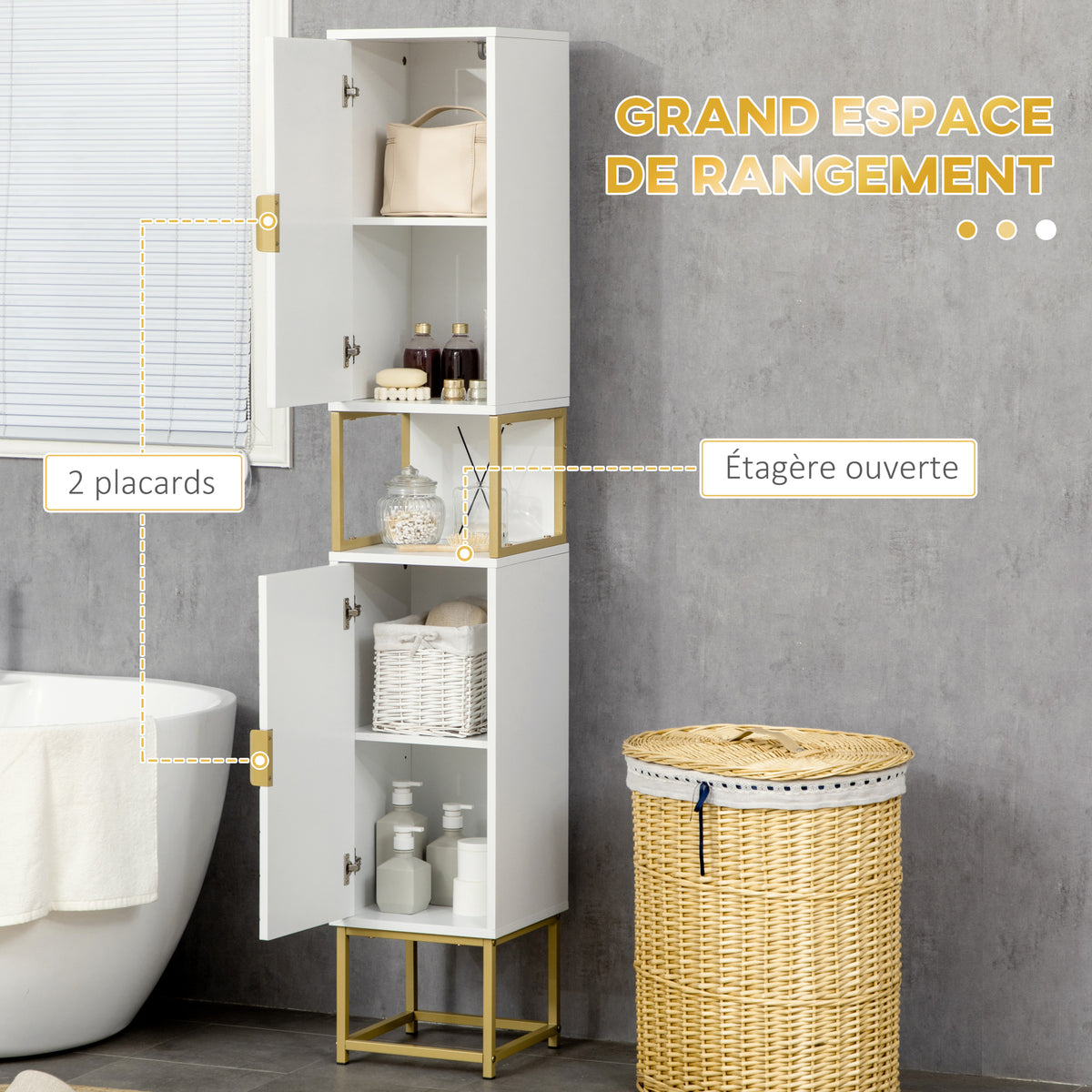 Ensemble de meubles de rangement - lot de buffet, armoire murale et meuble colonne - étagère réglable, pieds en acier-4