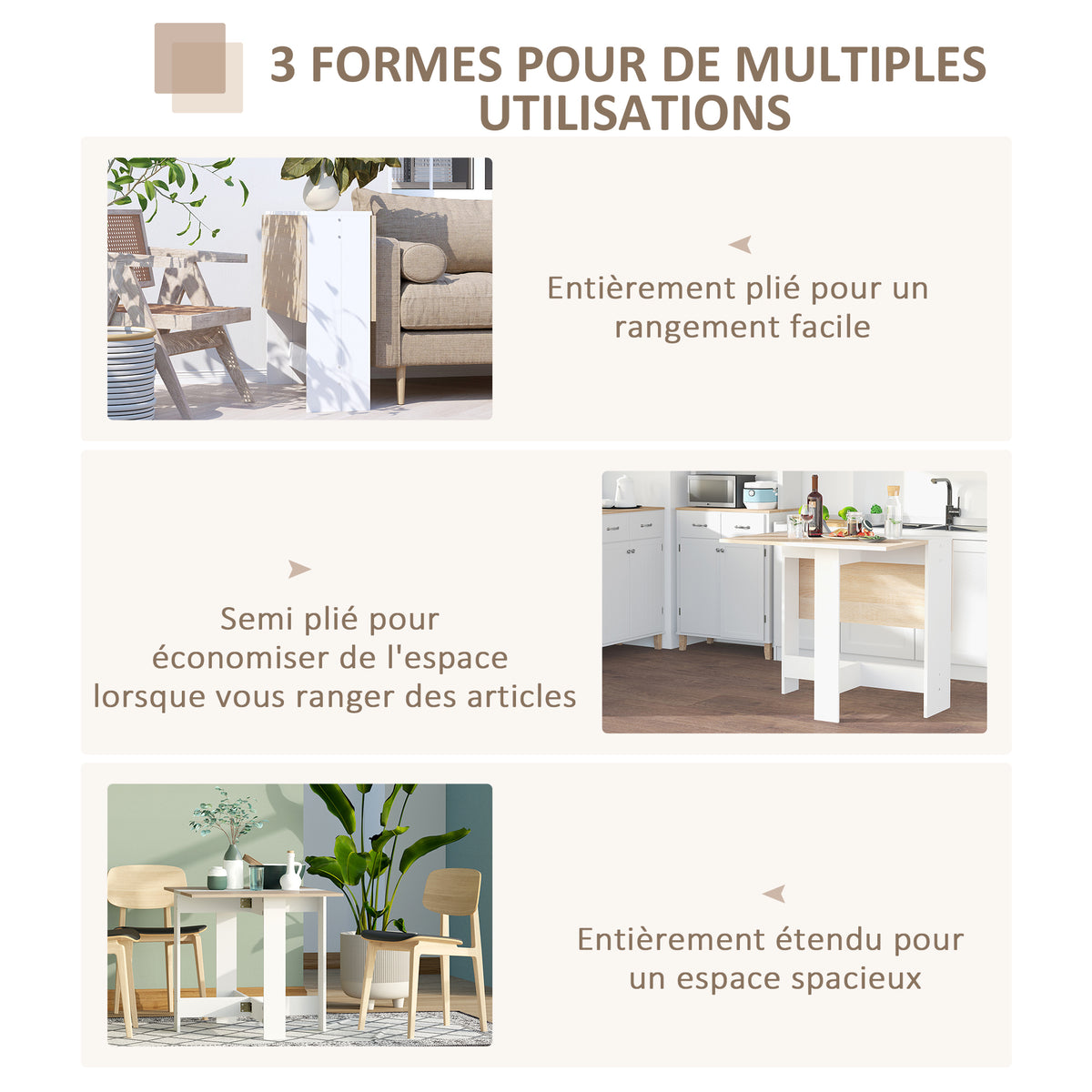 Table de cuisine pliable 103L x 76l x 74H cm en bois bicolore chêne blanc-4