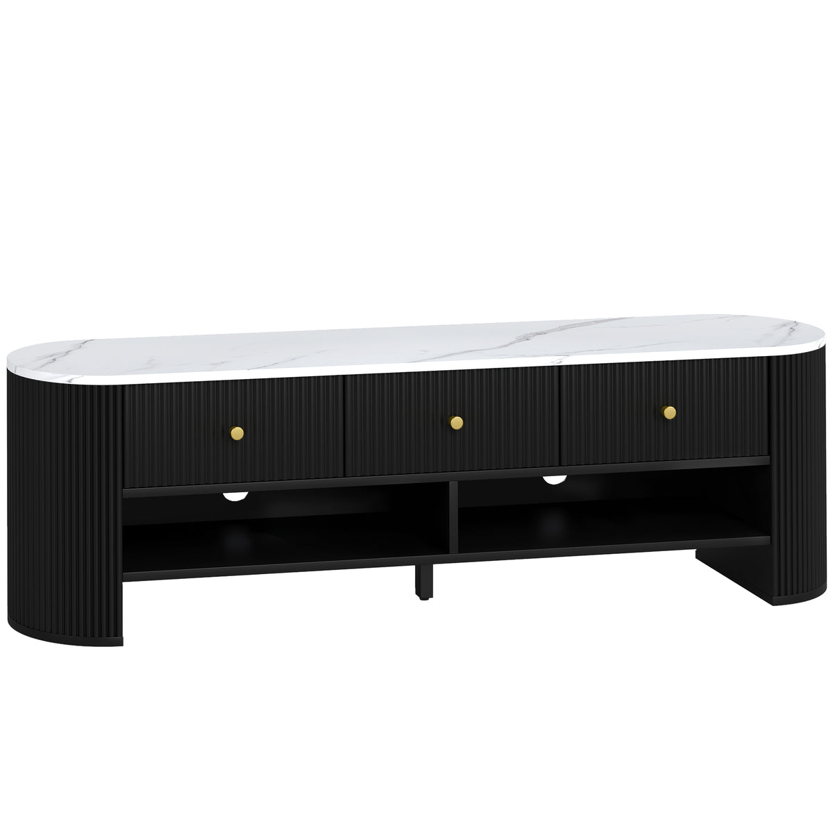 Meuble TV 140 cm, meuble télé pour téléviseur 65 pouces effet marbre avec 3 tiroirs façades à cannelures 2 étagères noir-0