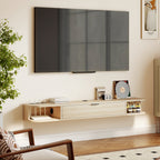 Meuble TV suspendu, meuble télé pour téléviseur jusqu'à 60 pouces, tiroir rabattable 2 étagères 140x24x16cm bois naturel-8