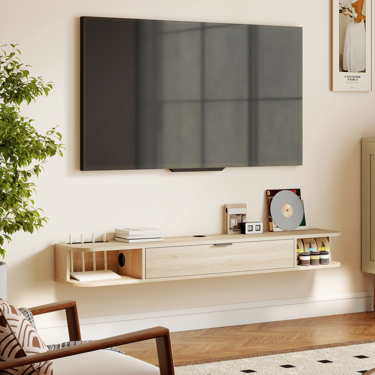 Meuble TV suspendu, meuble télé pour téléviseur jusqu'à 60 pouces, tiroir rabattable 2 étagères 140x24x16cm bois naturel-8