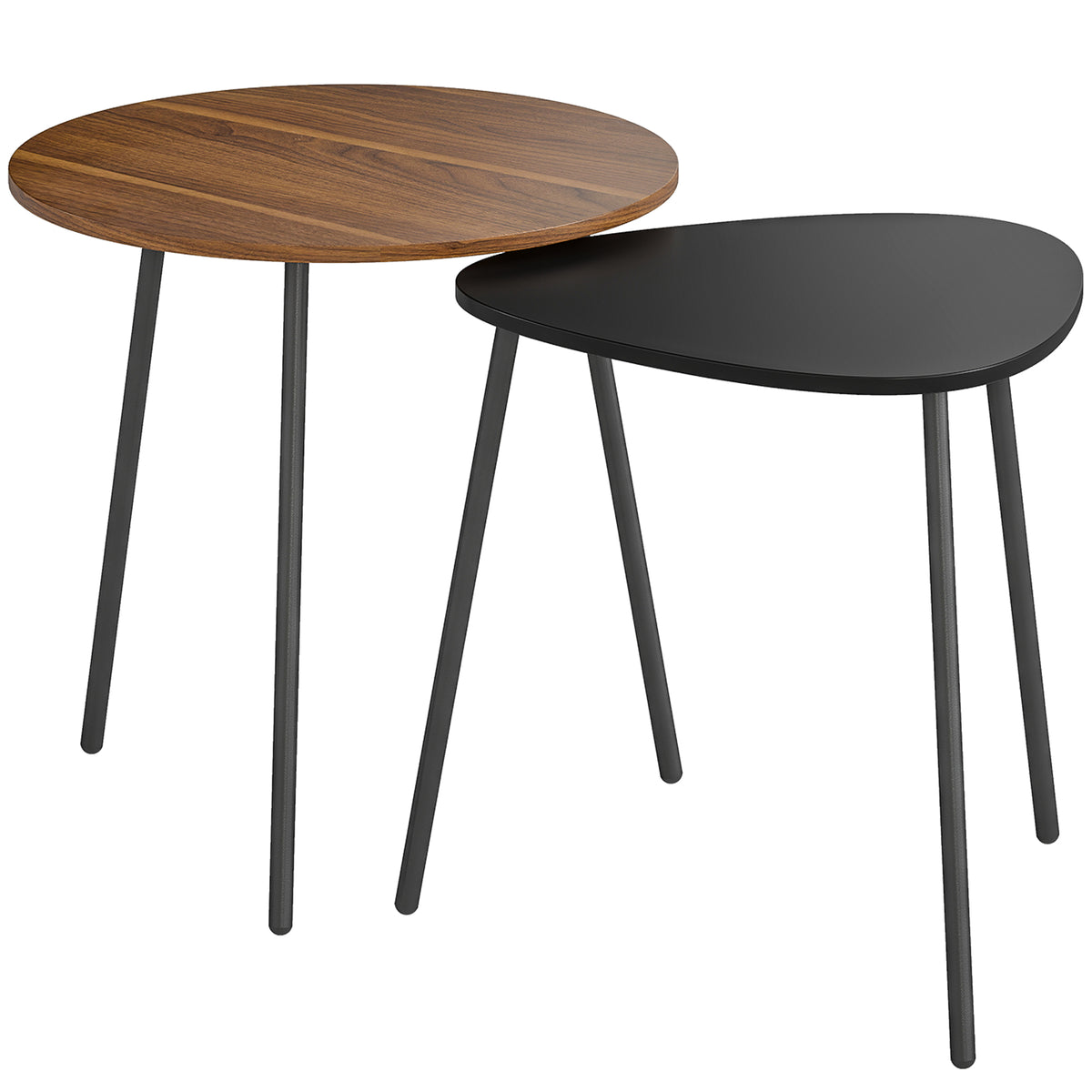 Lot de 2 tables basses gigognes, tables d'appoint contemporain cadre en métal, ronde et triangulaire, noyer et noir-0
