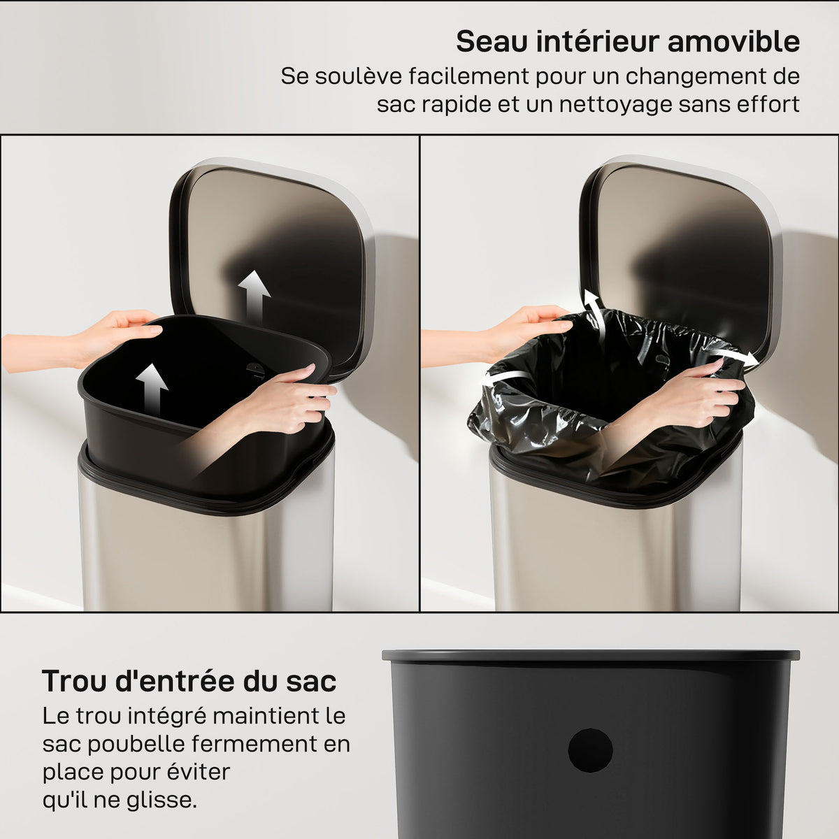 Poubelle cuisine 30L, poubelle à pédale avec seau intérieur amovible, couvercle à fermeture douce, 29x36x59,5cm, argent-5