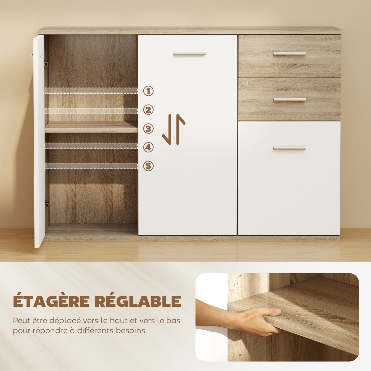 Buffet salon, meuble de rangement avec 2 tiroirs, 3 portes et étagère réglable, 106 x 35 x 76 cm, blanc et bois naturel-4