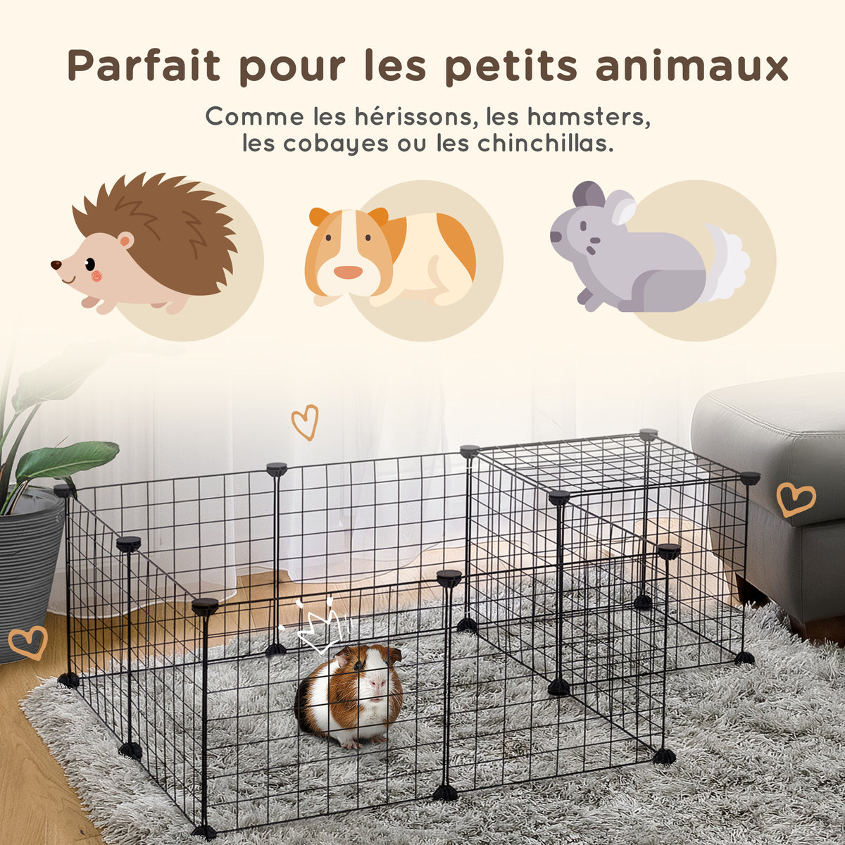 Cage parc enclos pour animaux domestiques L 106 x l 73 x H 36 cm bords arrondis fil métallique noir-3