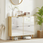 Meuble à chaussures, armoire à chaussures étroite, 4 tiroirs rabattables, porte haute brillante, 105x24x92,5cm, blanc-7