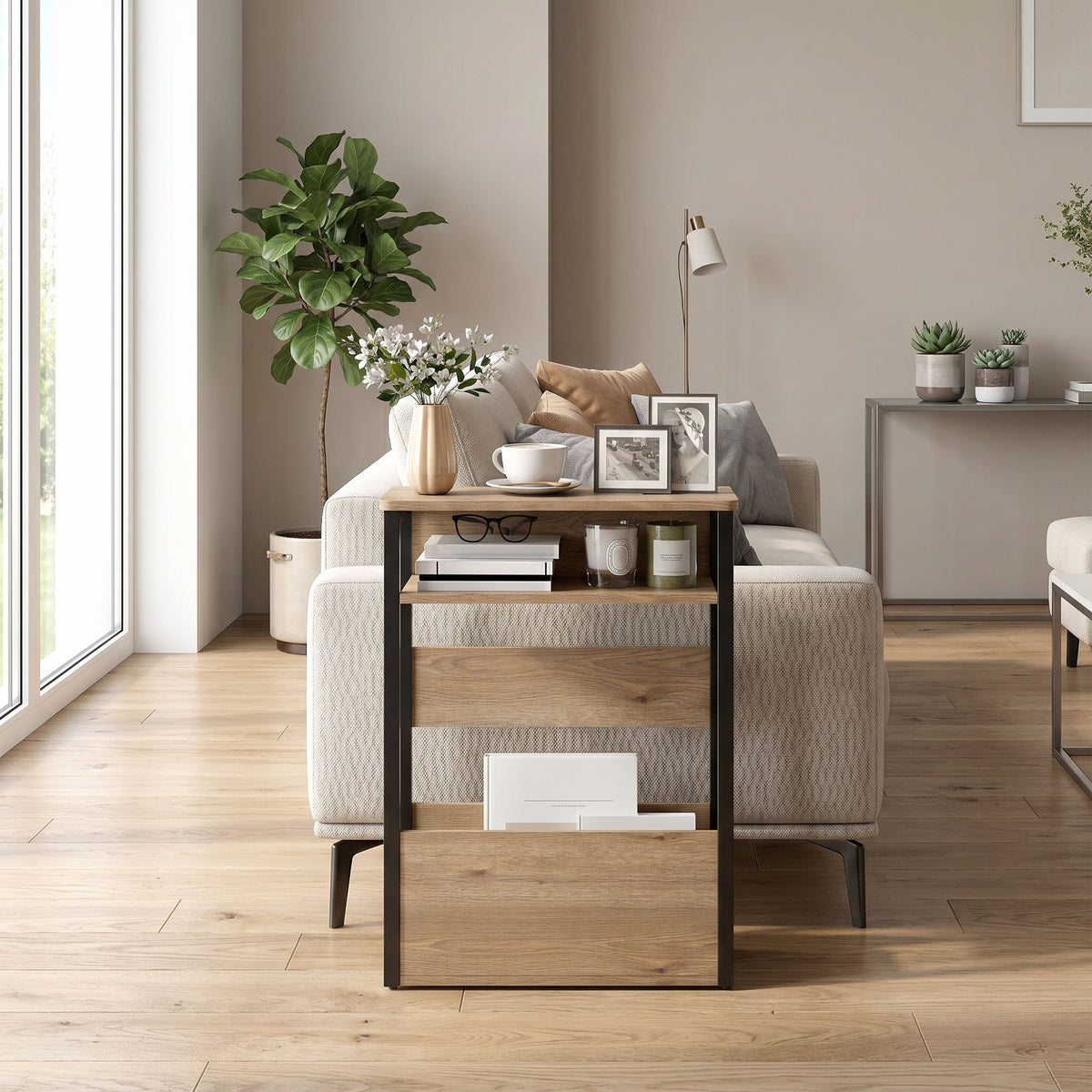 Table d'appoint table de chevet avec étagère à deux niveaux coins arrondis 46l x 18P x 58,5H cm noyer-9
