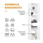 Meuble Colonne Rangement Salle de Bain Style Contemporain 2 placards 3 étagères et tiroir Coulissant Panneaux Particules Blanc-4