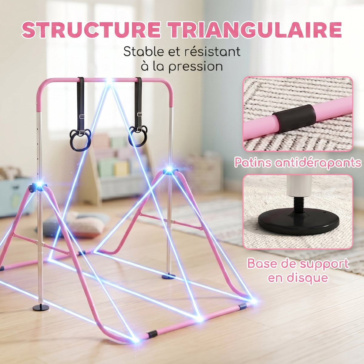 Barre de gymnastique pour enfants, barre horizontale pliable à hauteur réglable avec anneaux de gymnastique, rose-5