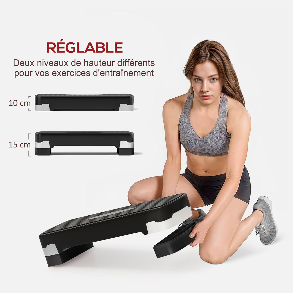 Stepper aerobic fitness hauteur reglable 2 niveaux surface antiderapante PP 68 x 29 x 15 cm noir et gris-4
