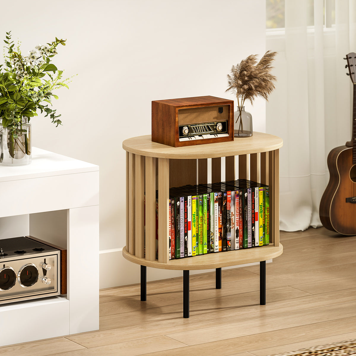 Table d'appoint ovale bout de canapé rangement ouvert pieds en acier design à lattes 50x39x50cm effet bois naturel-9