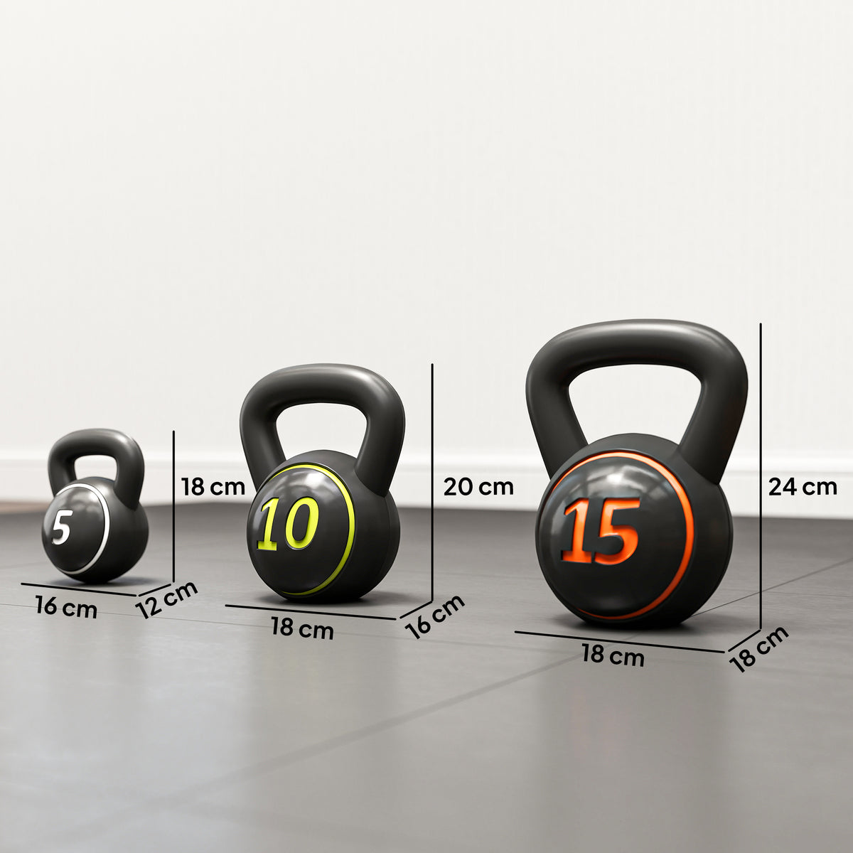 Lot de 3 kettlebells 2,2, 4,5 et 6,8 kg poignée antidérapante entraînement sport fitness avec plateau de rangement noir-2