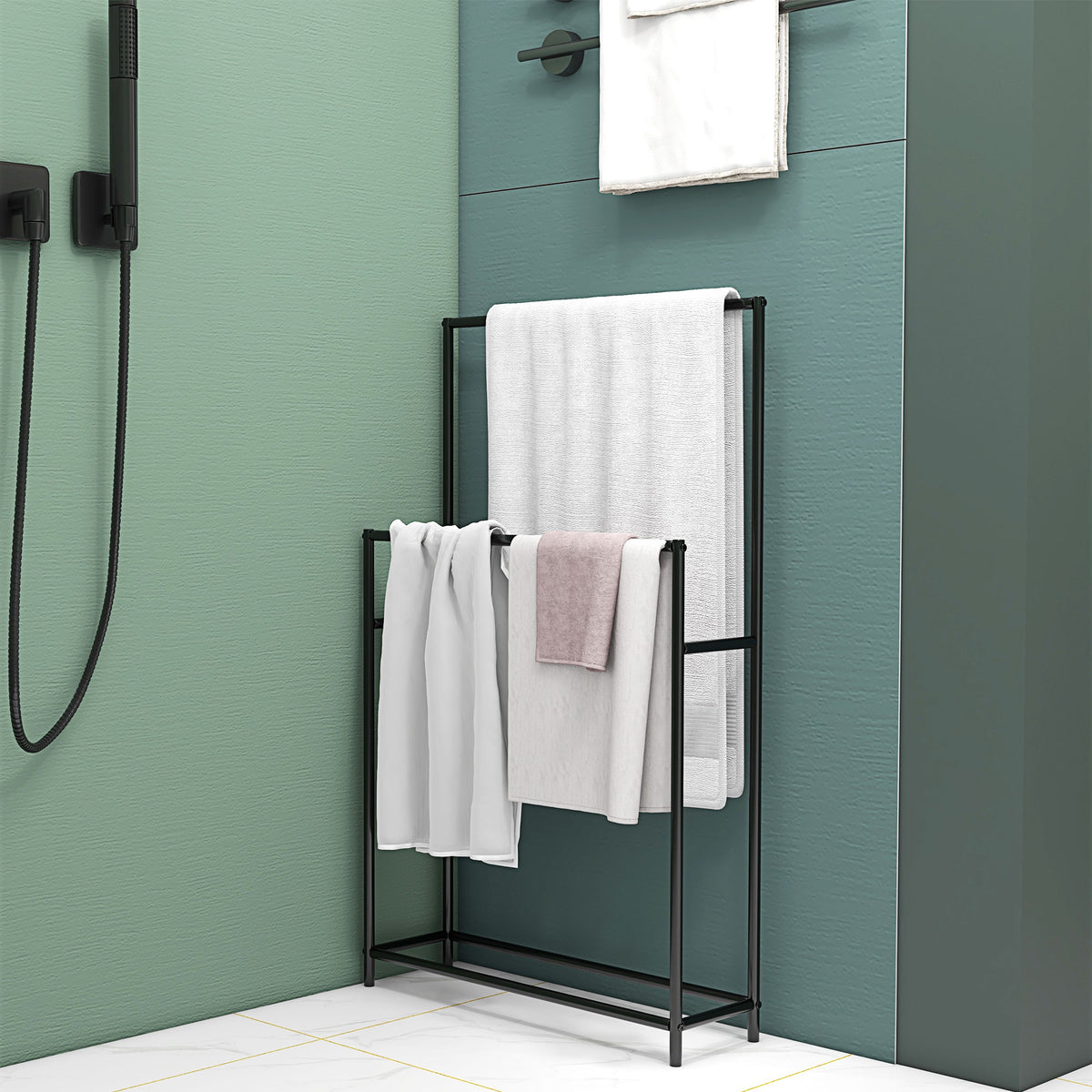 Porte serviettes sur pied sèche serviette 2 niveaux en métal pour la salle de bain, dim. 66l x 20P x 110H cm, noir-5