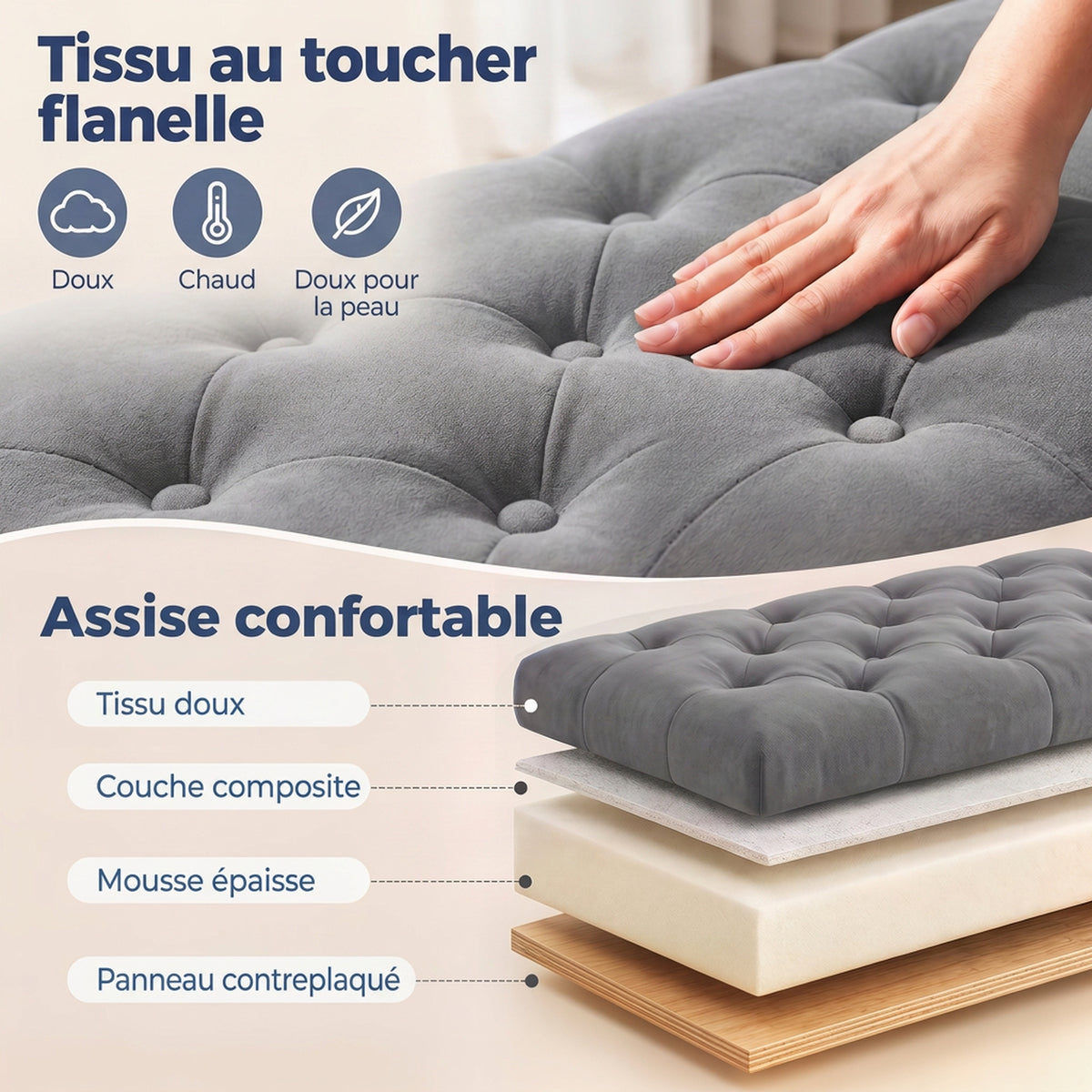 Banc de rangement bout de lit avec accoudoirs, tissu effet velours rembourré et capitonné, 126 x 48,5 x 57 cm, gris-4