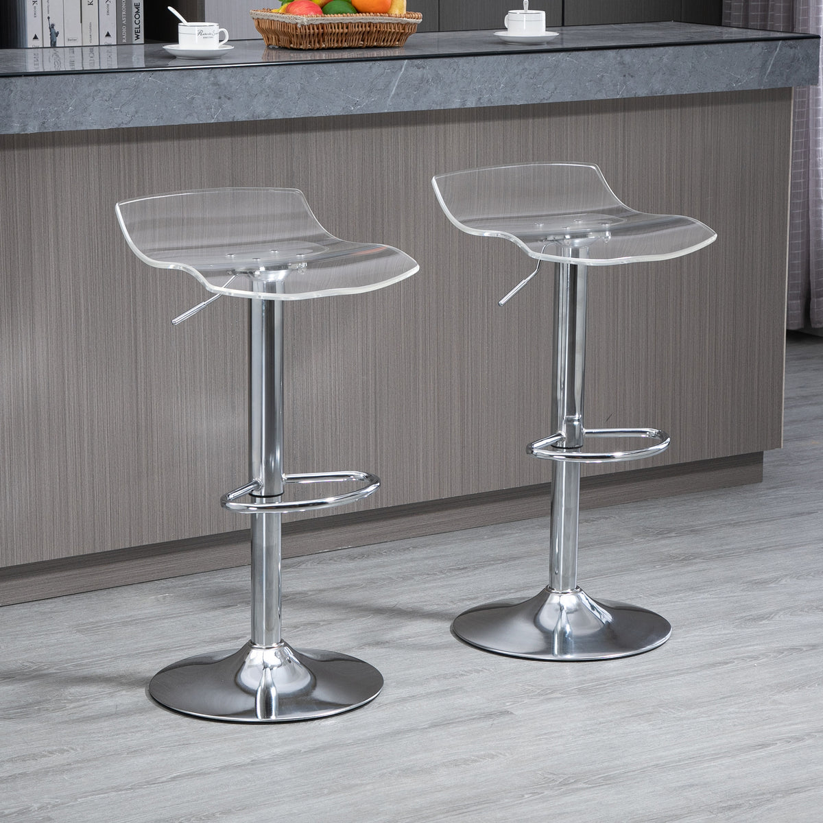 Lot 2 tabourets bar design contemporain assise acrylique piètement métal - pivotant repose-pieds - transparent-1