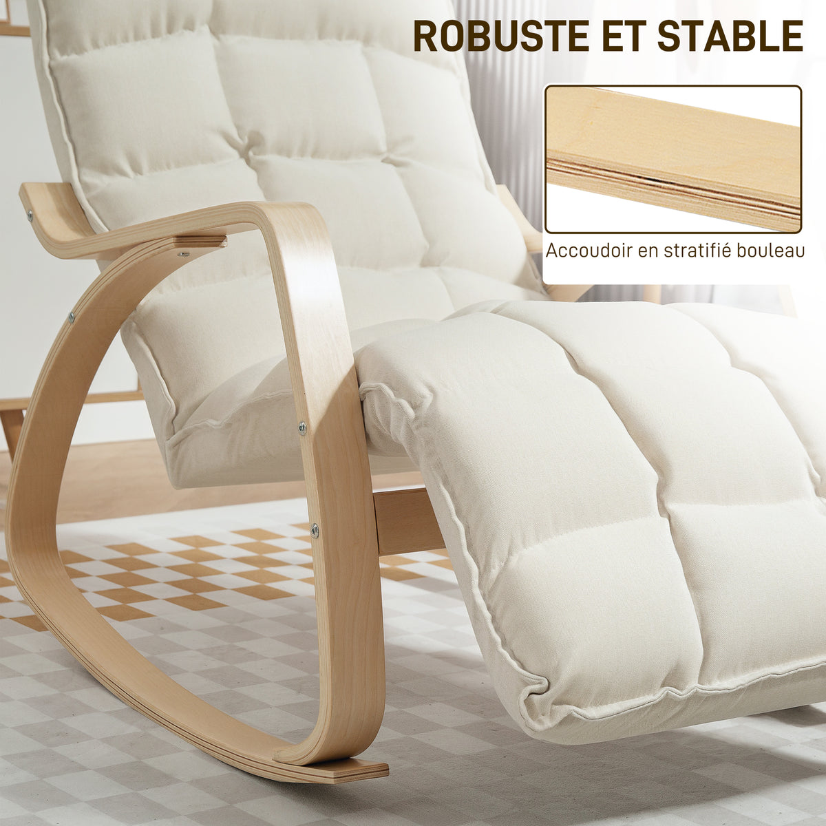 Fauteuil à bascule avec repose-pieds ajustable, rocking chair avec pieds en bois de bouleau, 67 x 106-123 x 92 cm, crème-6
