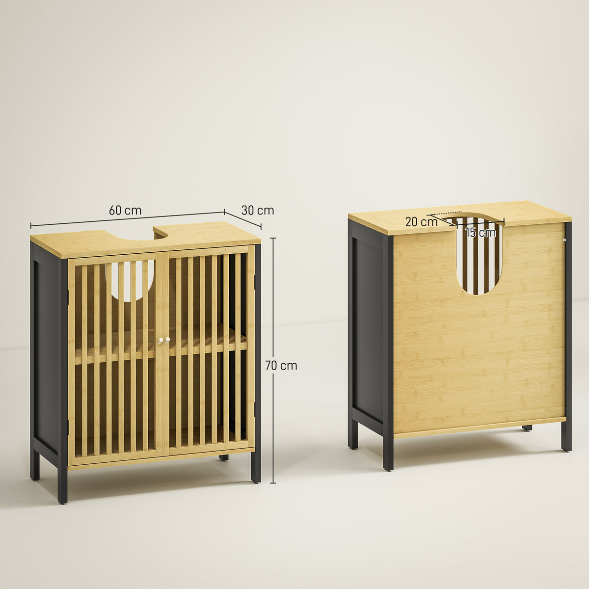 Meuble sous vasque 2 portes avec étagère réglable armoire de rangement pour lavabo 60 x 30 x 70 cm MDF et bambou-2