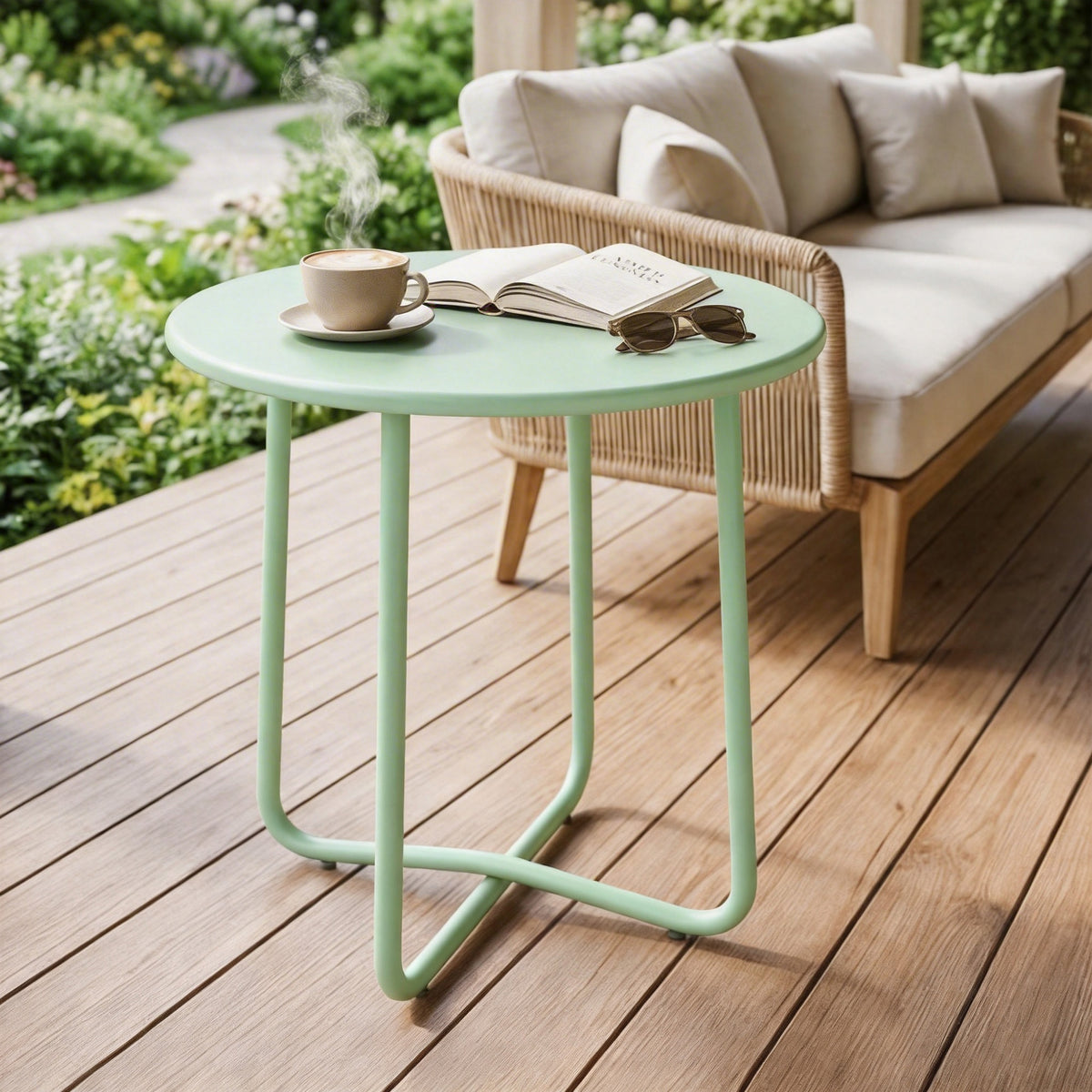 Table Basse Extérieure avec Bord Enroulé, Base en X avec Pieds Réglables en Hauteur, pour Salon Terrasse, Ø48x51cm, Vert-9
