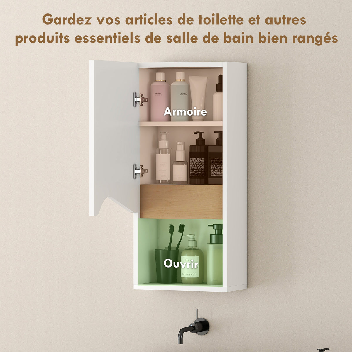 Armoire murale de salle de bain avec porte à fermeture douce, étagère réglable et compartiment ouvert, 30x17x67cm, blanc-4