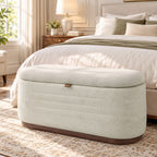 Banc de Rangement Ovale Moderne en Tissu Chenille, Bout de Lit Coffre Charge 220 kg, 91 x 40,5 x 45 cm, Beige-1