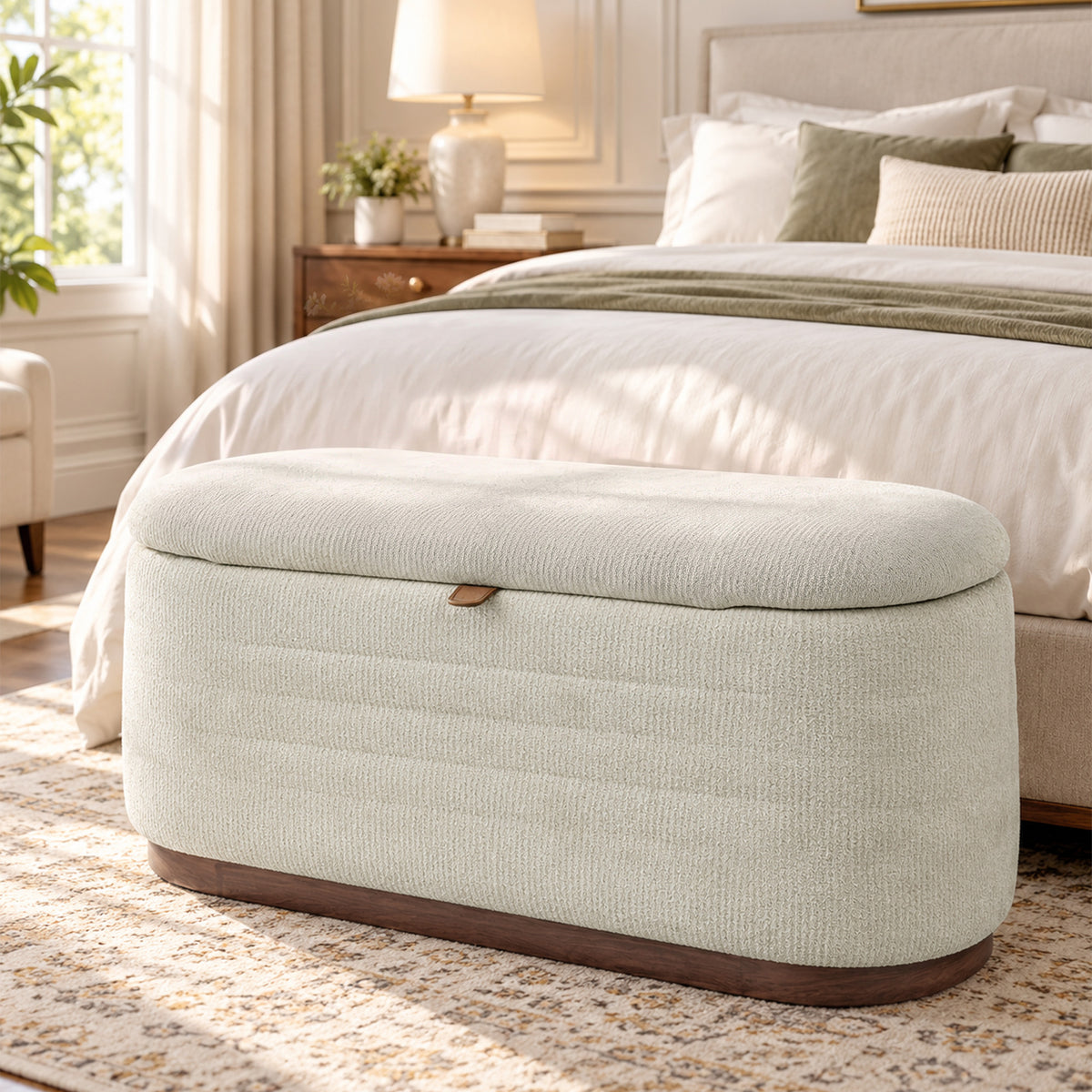 Banc de Rangement Ovale Moderne en Tissu Chenille, Bout de Lit Coffre Charge 220 kg, 91 x 40,5 x 45 cm, Beige-1