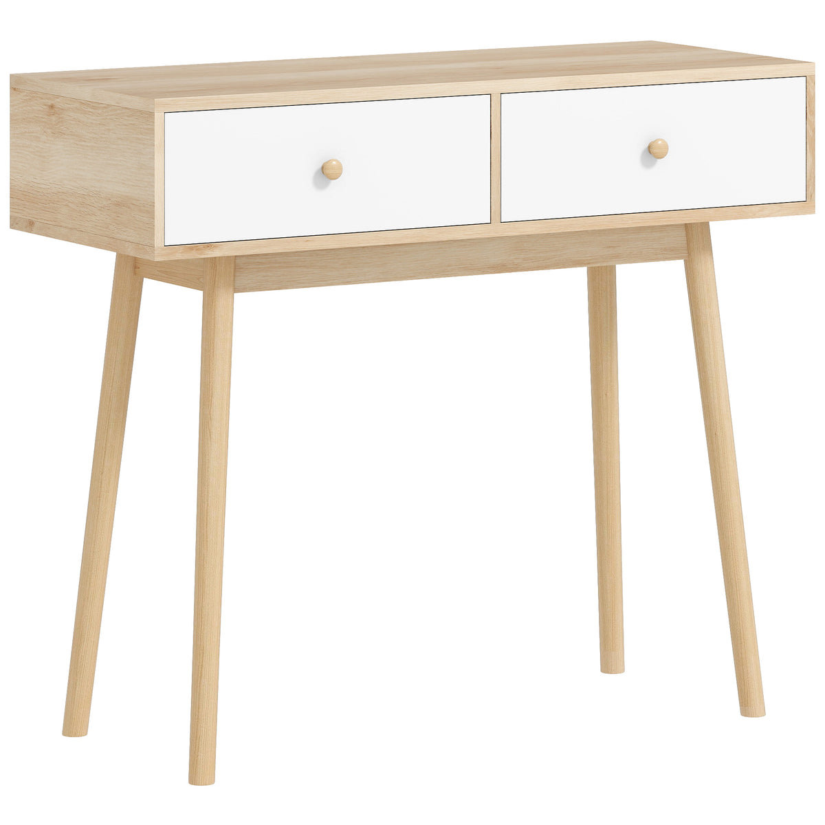 Table console avec 2 tiroirs et pieds en bois, pour salon, entrée, couloir, 86 x 35 x 75 cm, chêne et blanc-0