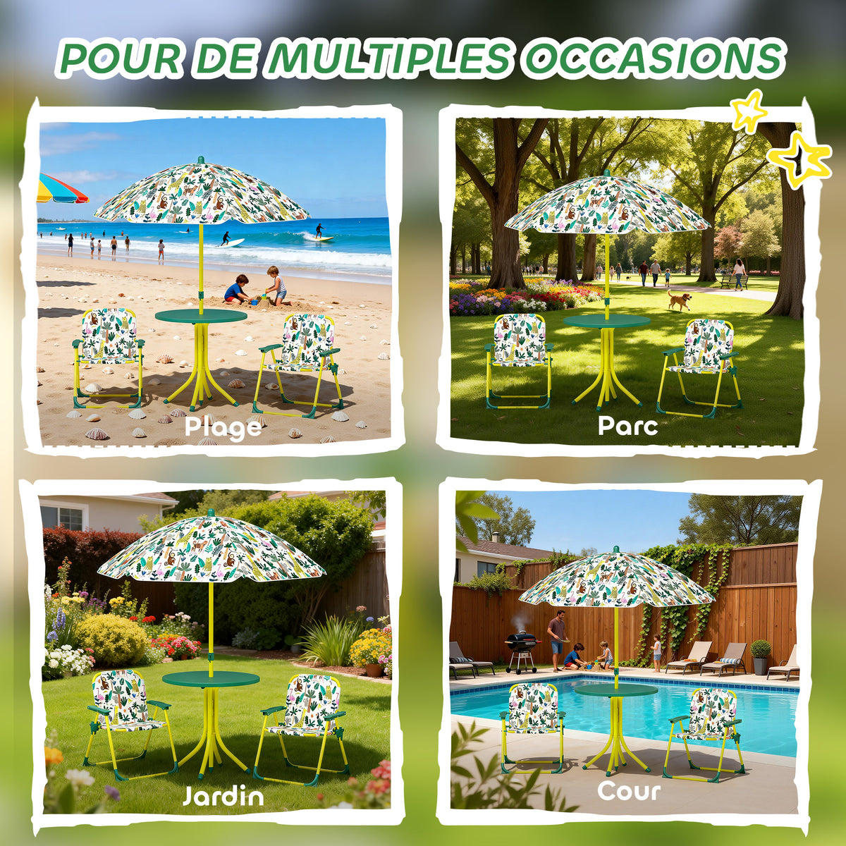 Ensemble Salon de Jardin Extérieur Enfant avec 2 Chaises Pliantes et Parasol, Thème Jungle, pour Jardin, Terrasse, Vert-6