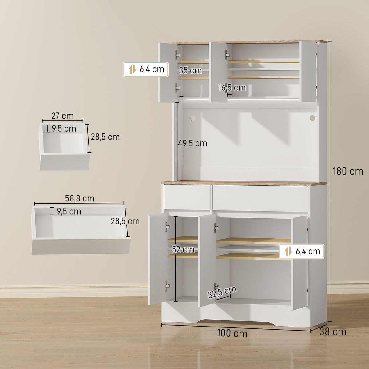 Buffet cuisine meuble cuisine rangement haut avec lumière LED RGB, plan de travail, 6 portes, 2 tiroirs, blanc-2