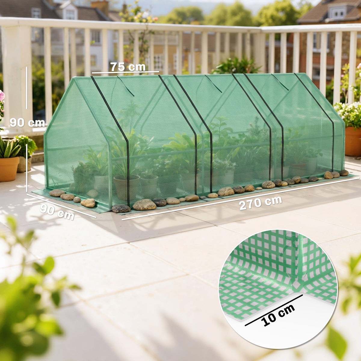 Mini Serre de Jardin mini serre tunnel 270L x 90l x 90H cm toit pointu Acier PE Haute densité 140 g/m² Anti-UV 3 fenêtres avec Zip enroulables Vert-2