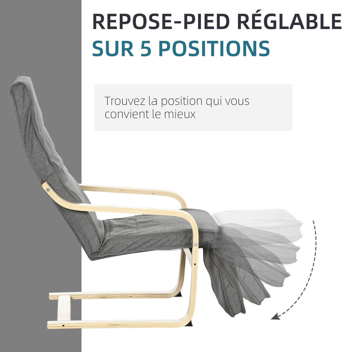 Fauteuil Luxe Confort et Relaxation avec Repose-Pied réglable déhoussable 94 x 66,5 x 100 cm cm Bois Massif Gris-3