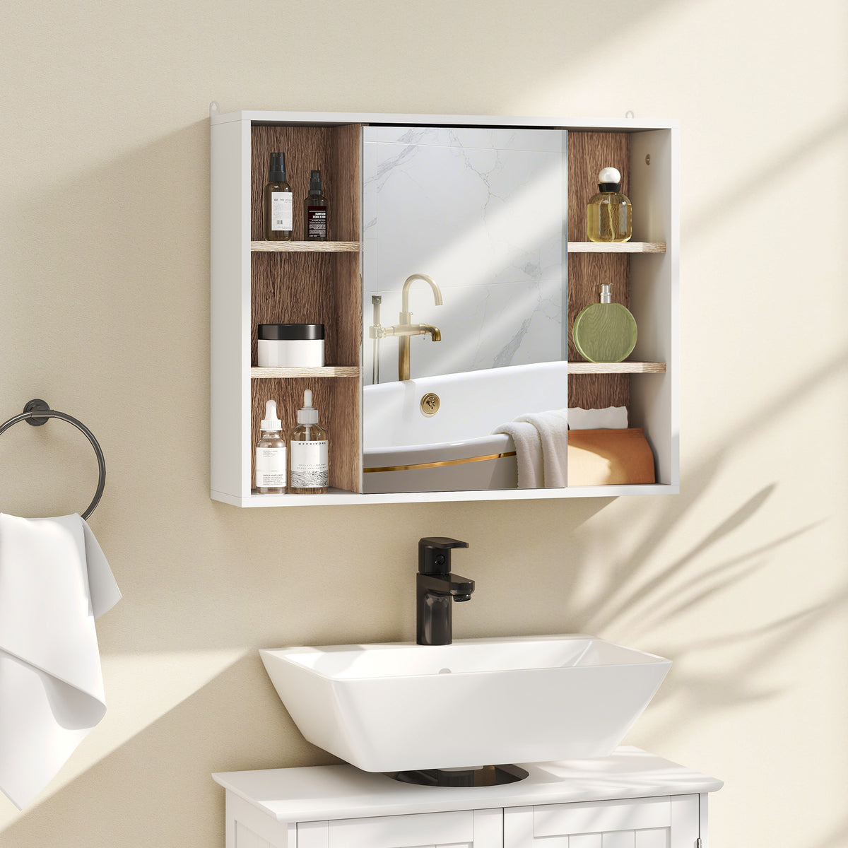 Armoire murale, meuble salle de bain avec miroir, miroir salle de bain avec rangement, placard à portes et 6 compartiments ouverts, 60 x 14,5 x 49,4 cm, blanc-1