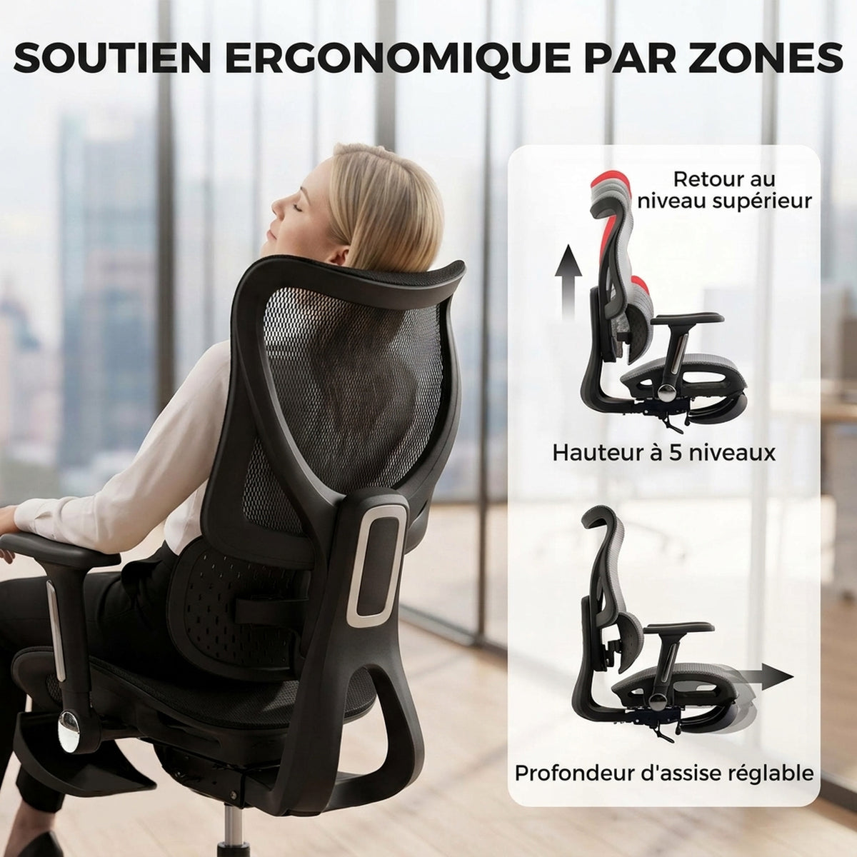 Chaise Bureau Ergonomique, Fauteuil de Bureau Inclinable en Maille, Support Lombaire, Accoudoirs 4D, Noir-3