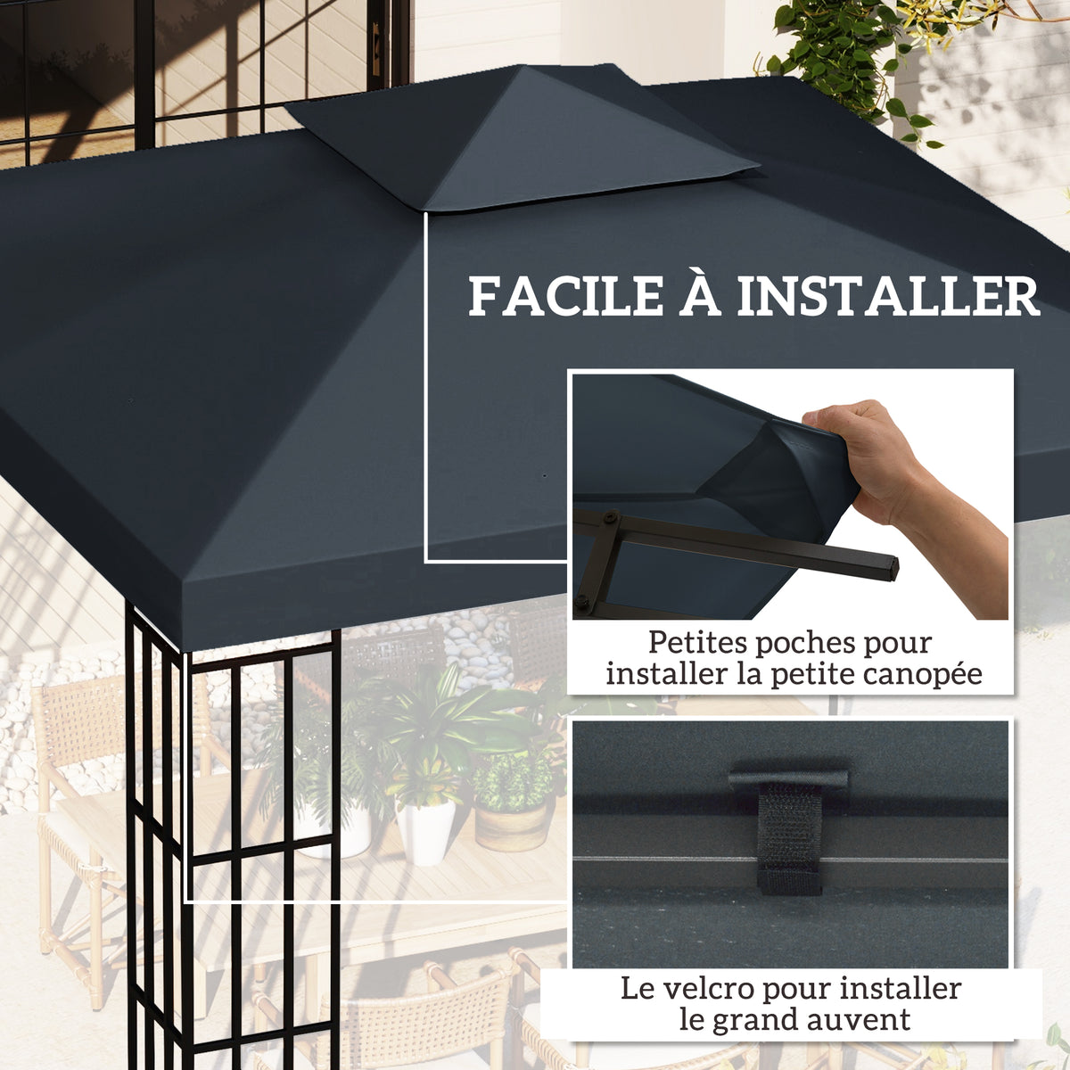 Toile de rechange pour pavillon tonnelle tente 3 x 3 m polyester haute densité 180 g/m² gris foncé-4