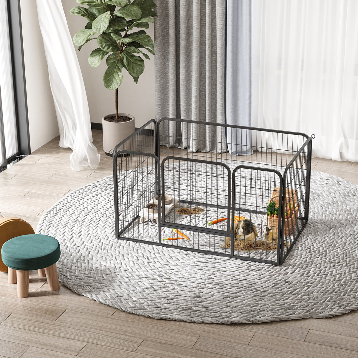 Luxe parc enclos modulable acier 4 panneaux et 1 porte pour chiens, lapins, rongeurs, petits animaux, intérieur et extérieur 125L x 70H cm noir-8