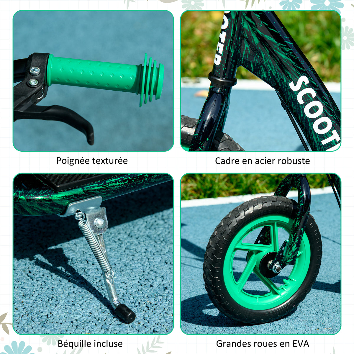 Trottinette patinette scooter enfant grandes roues de 6 à 12 ans hauteur réglable frein arrière béquille vert-5
