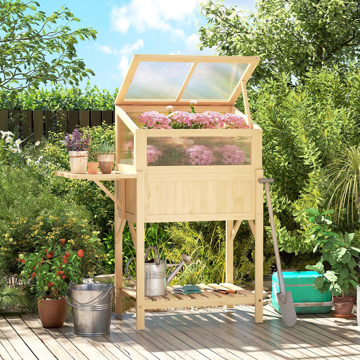 Carré potager sur pieds avec serre, jardinière surélevée, table latérale pliante et étagère, 104x50x120cm, bois naturel-1