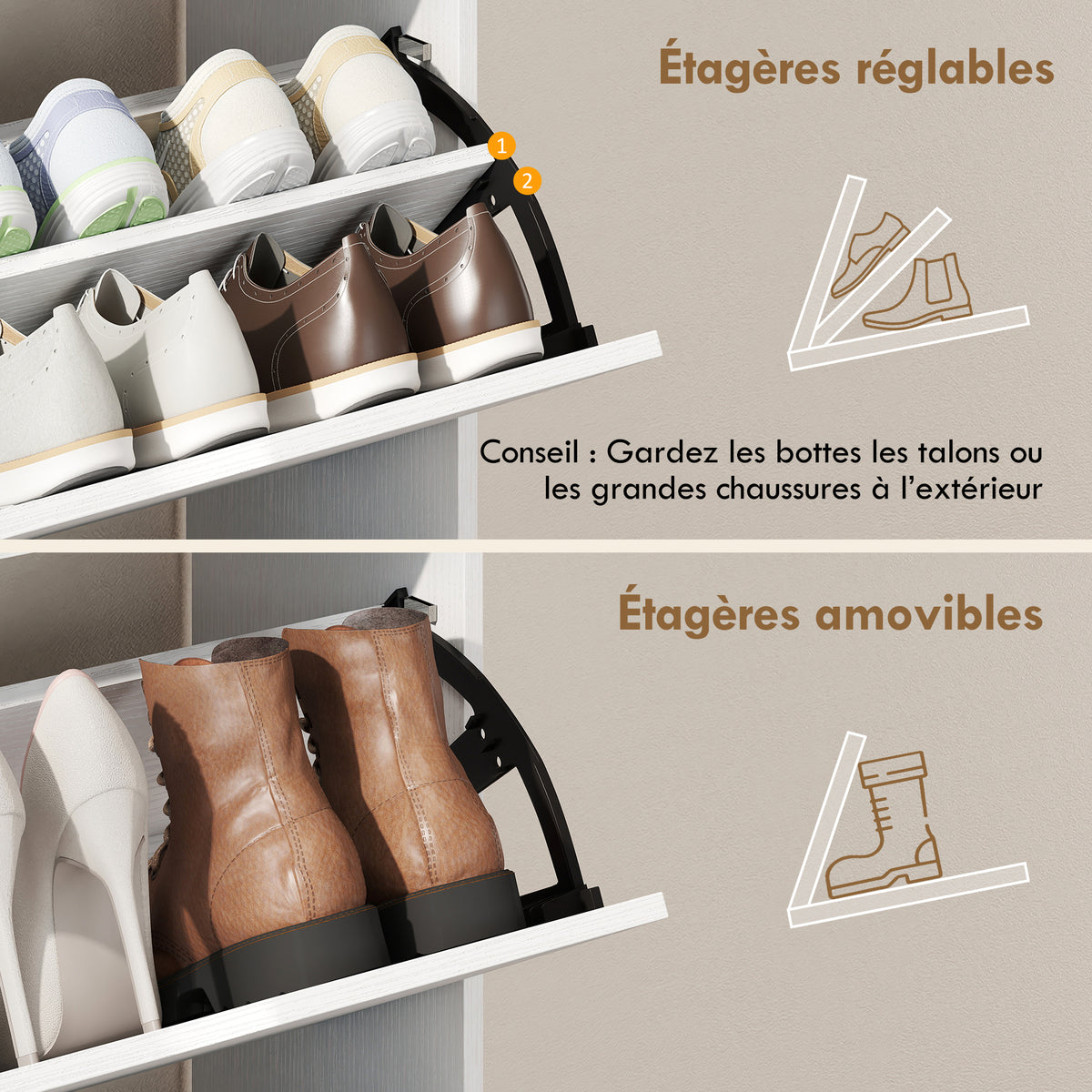 Meuble à chaussures, armoire à chaussures, 2 tiroirs rabattables, compartiments ouverts et étagère réglable, blanc-5