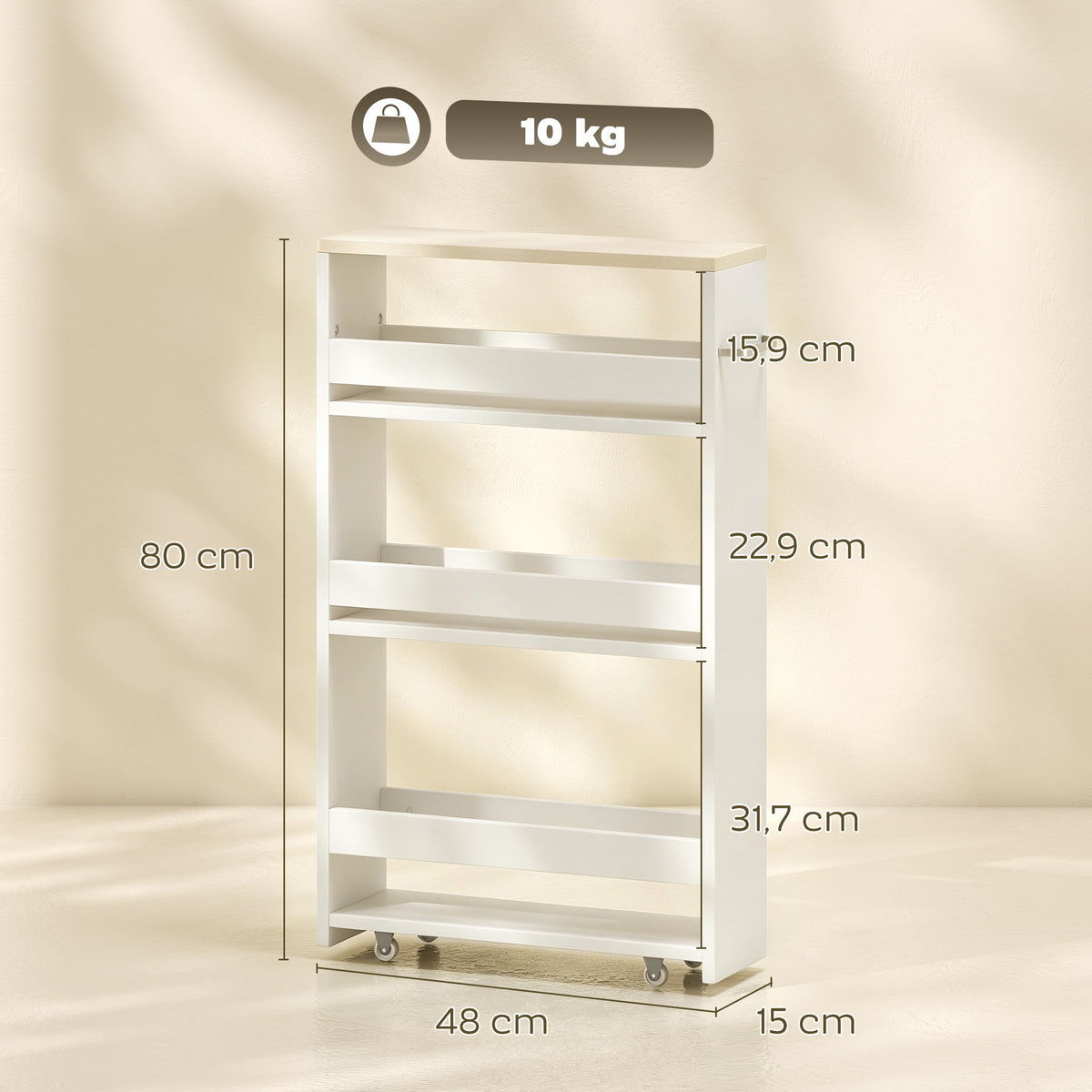 Chariot de rangement à 3 niveaux chariot de stockage étagère sur roulettes pour cuisine étroite salle de bain buanderie bureau avec poignée - 48 x 15 x 80 cm blanc-2