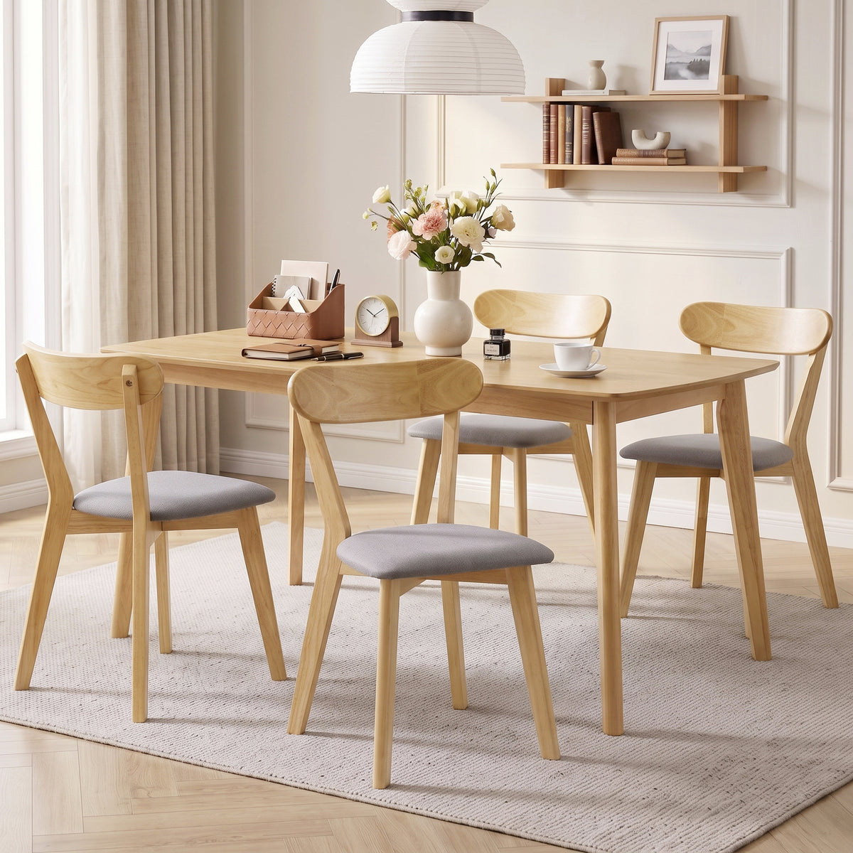 Lot de 2 Chaises de Salle à Manger, Chaises Cuisine, Assise Rembourrées en Lin, Dossier Incurvé, Gris et Bois Naturel-7