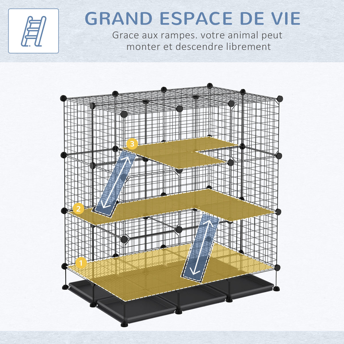 Cage parc enclos rongeurs modulable dim. L 111 x l 75 x H 119 cm 3 niveaux 4 portes fil métallique noir-3