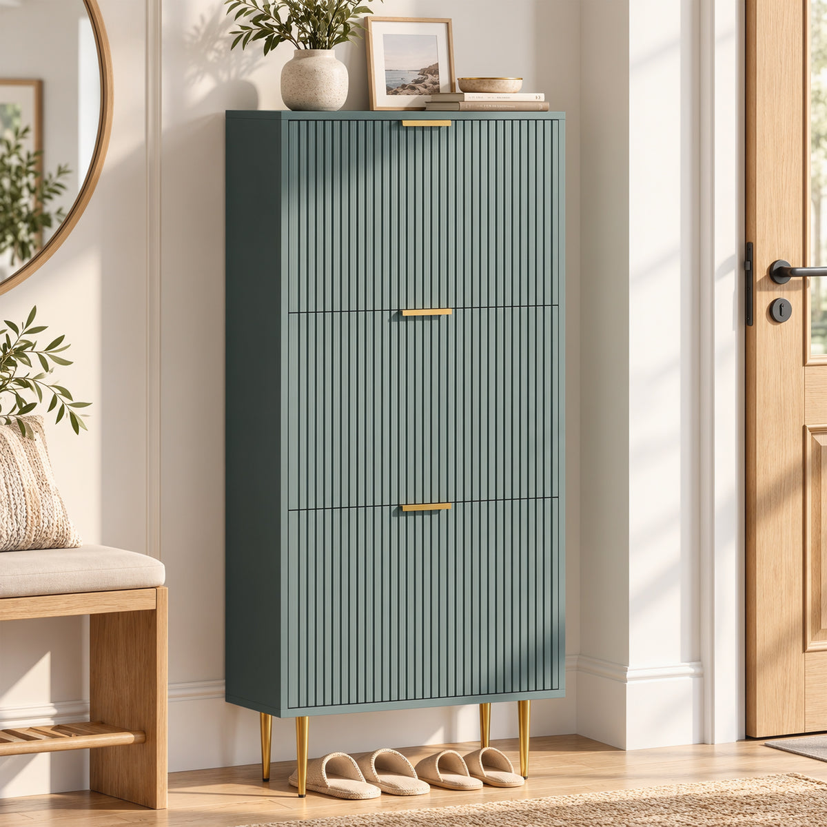 Meuble à Chaussures 18 Paires, Armoire à Chaussures avec 3 Tiroirs, Façades Cannelées et Étagères Réglables, Vert Foncé-8